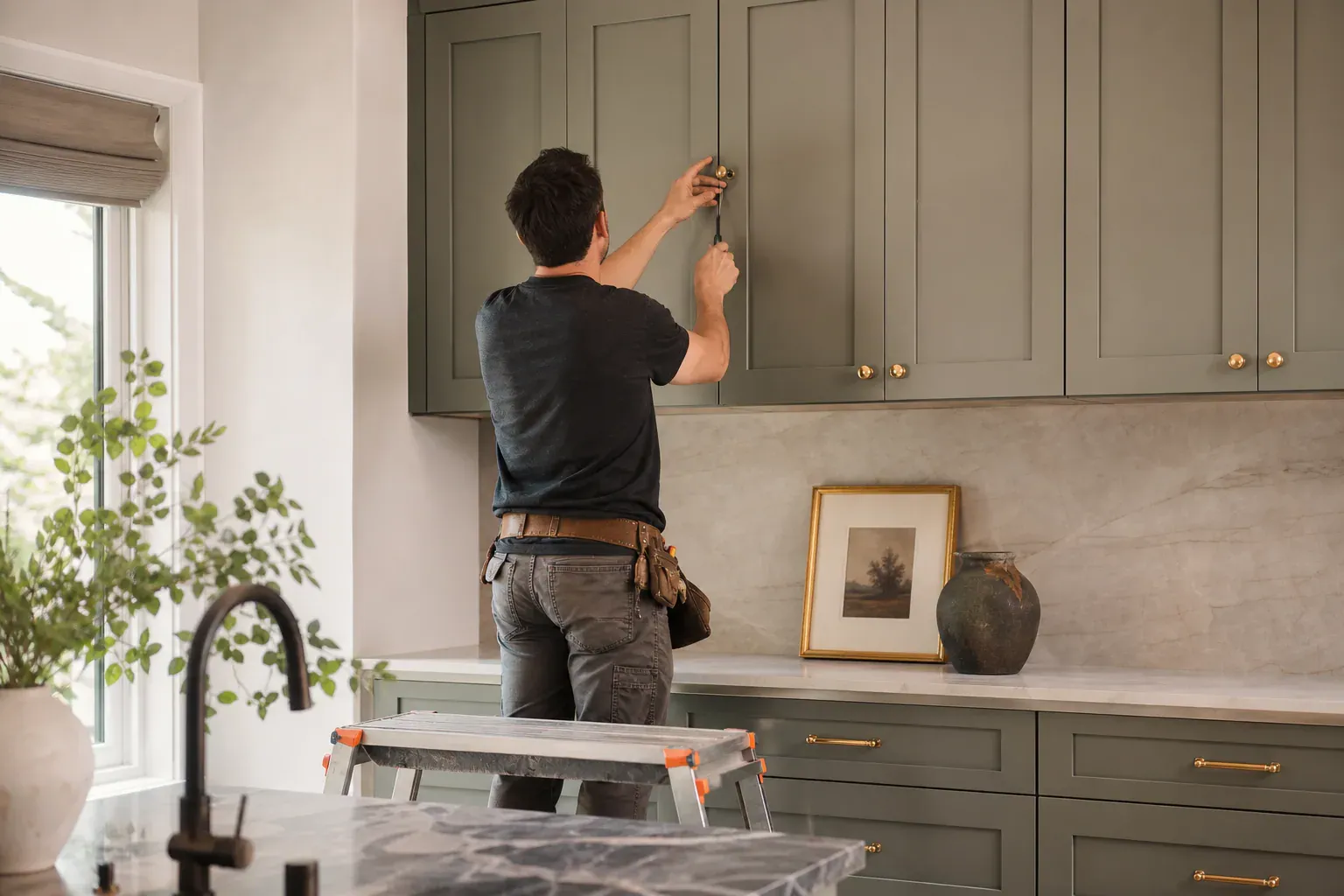 Cabinet hardware installation — a tradesperson on a low platform completing the highest section of the work