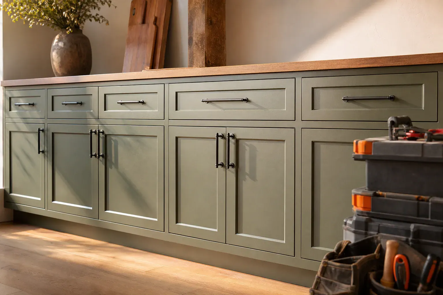 Cabinet refinishing service — warm low sun raking across the completed work to show how clean it is