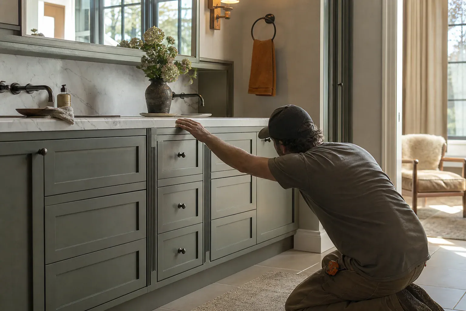 Custom bathroom cabinets — a craftsperson sighting along the finished work to check it is true