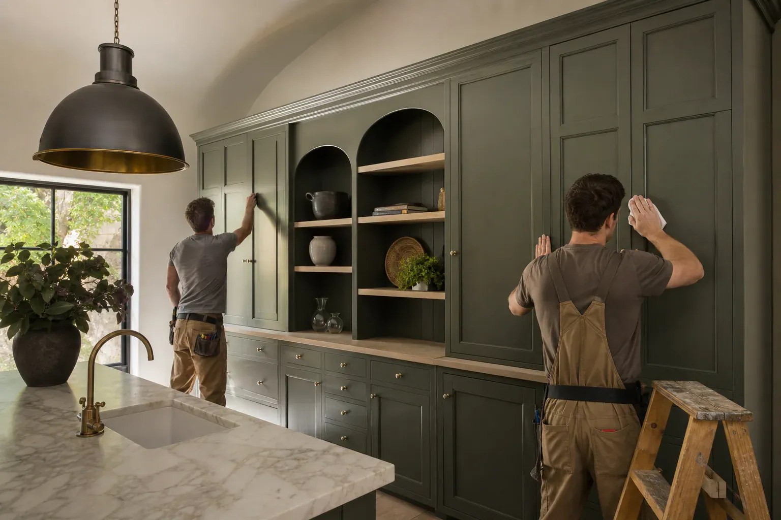 Custom cabinet maker — a two-person crew completing the last of the work in a sunlit vaulted room