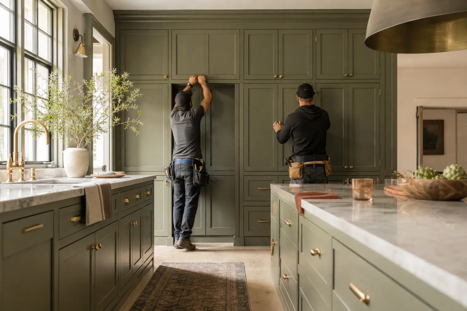 Custom cabinetry — a two-person crew completing the last of the work in a sunlit vaulted room