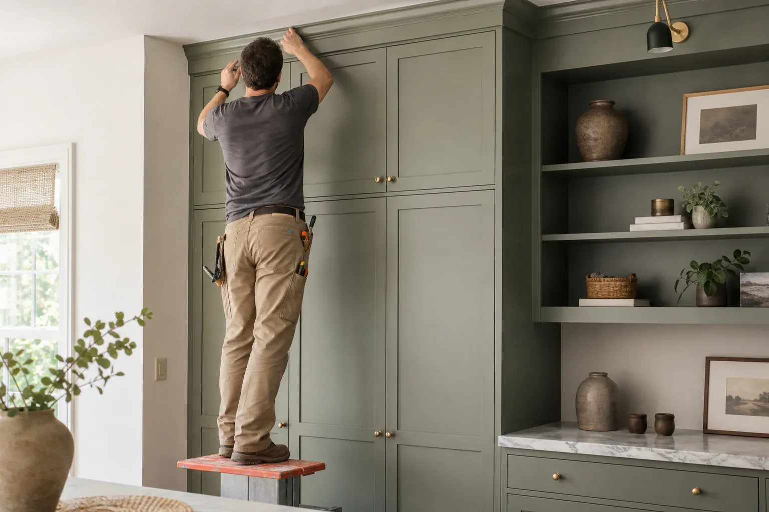 Custom cabinets and shelves — a tradesperson on a low platform completing the highest section of the work
