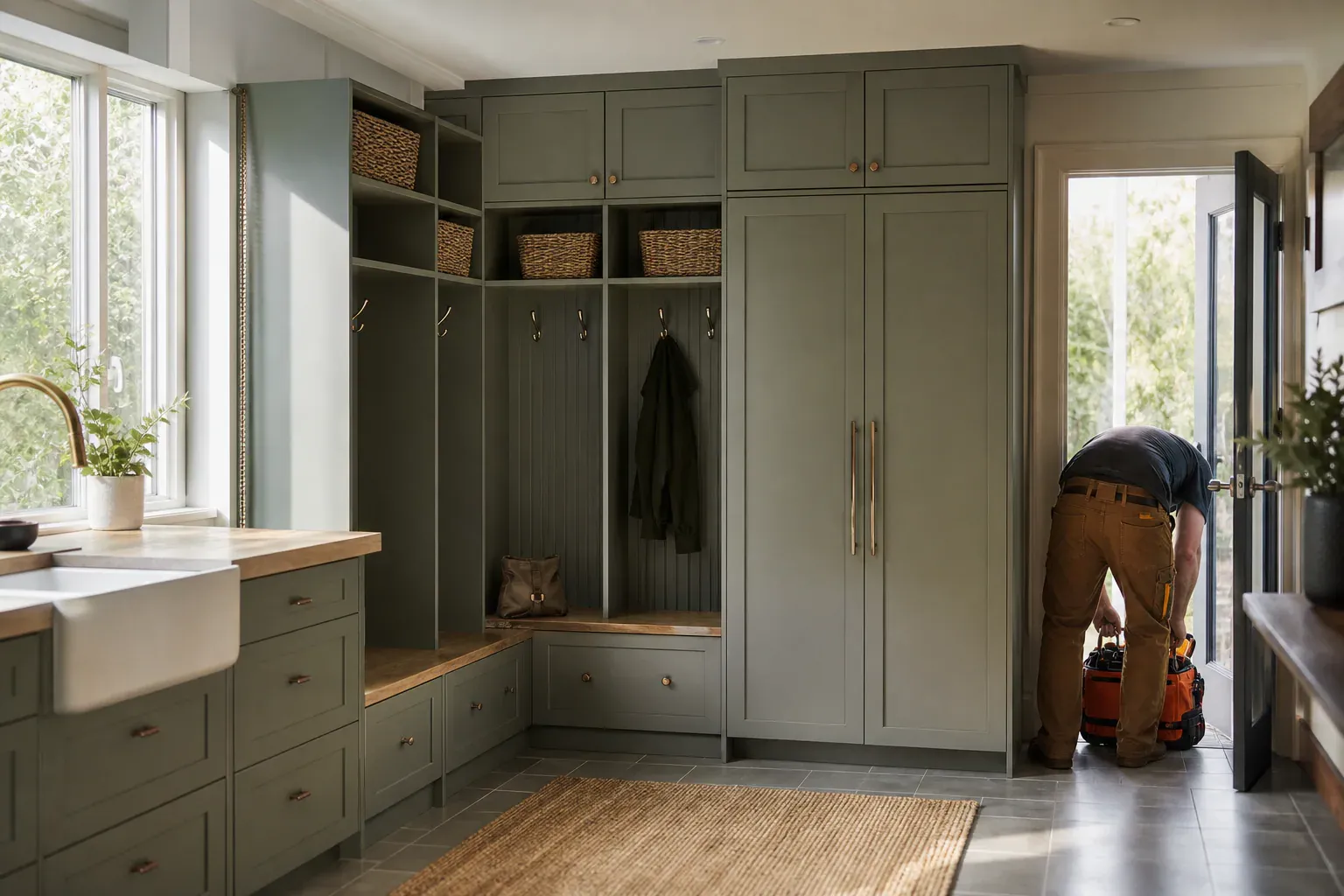 Custom cabinets in Boise Id — a bright usable room with the work completed and a tradesperson packing tools