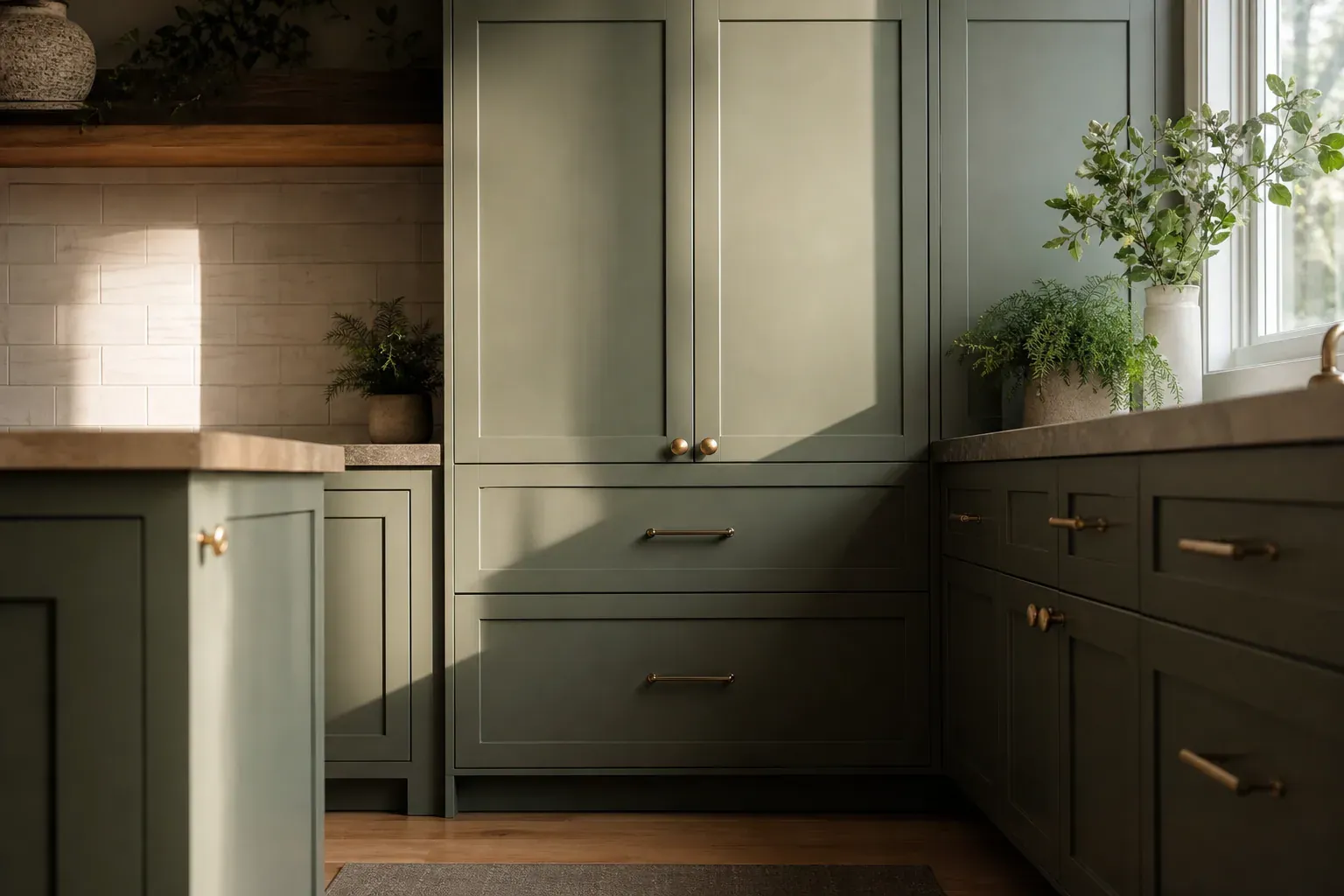 Custom cabinets doors — warm low sun raking across the completed work to show how clean it is