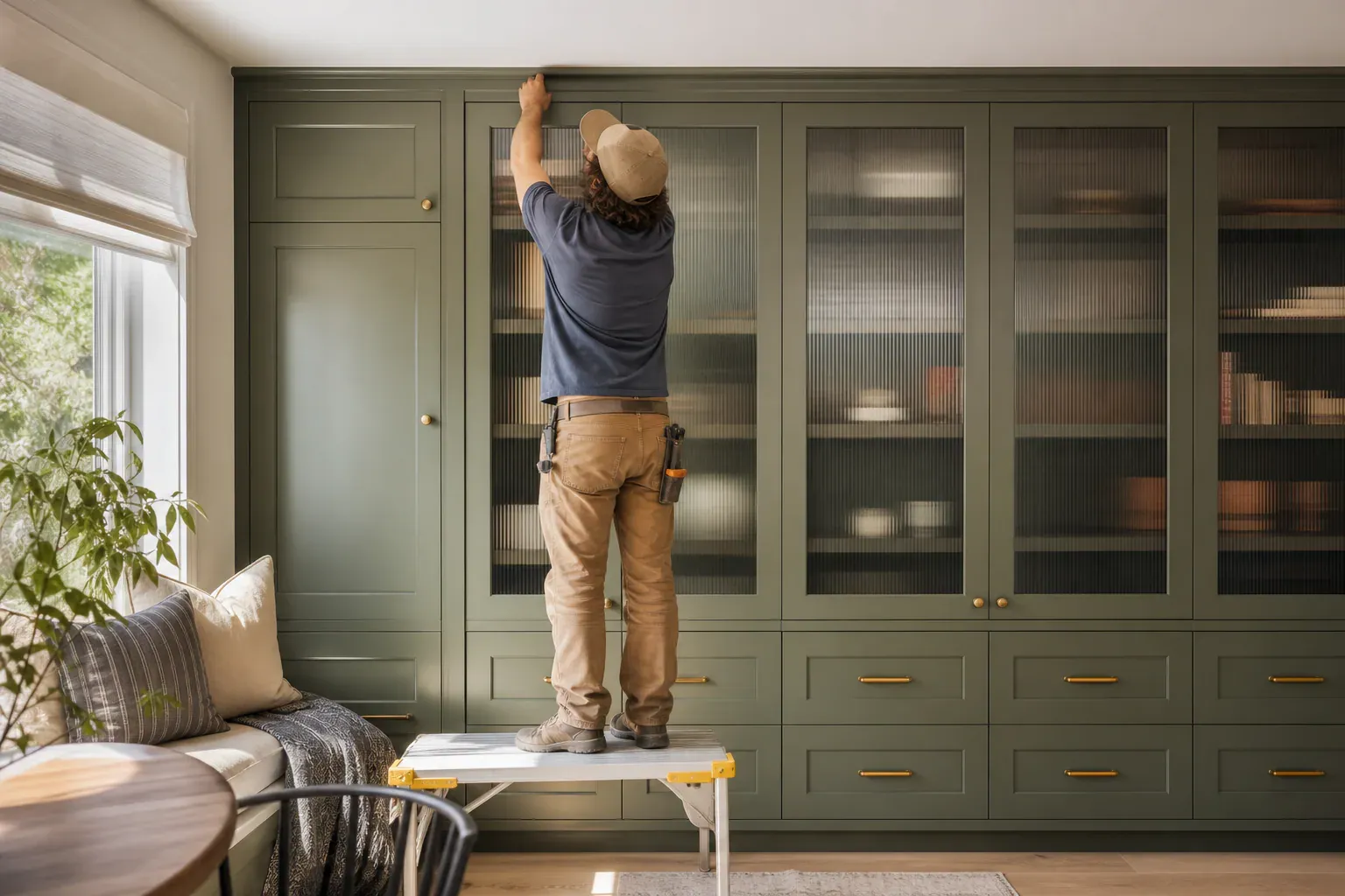Custom cabinets in Eagle Id — a tradesperson on a low platform completing the highest section of the work