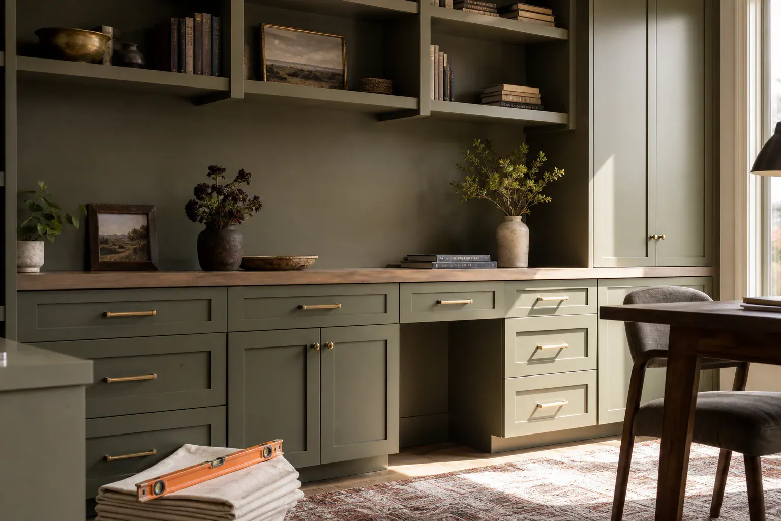 Custom cabinets in Garden City Id — warm morning light across expertly completed work in a home office