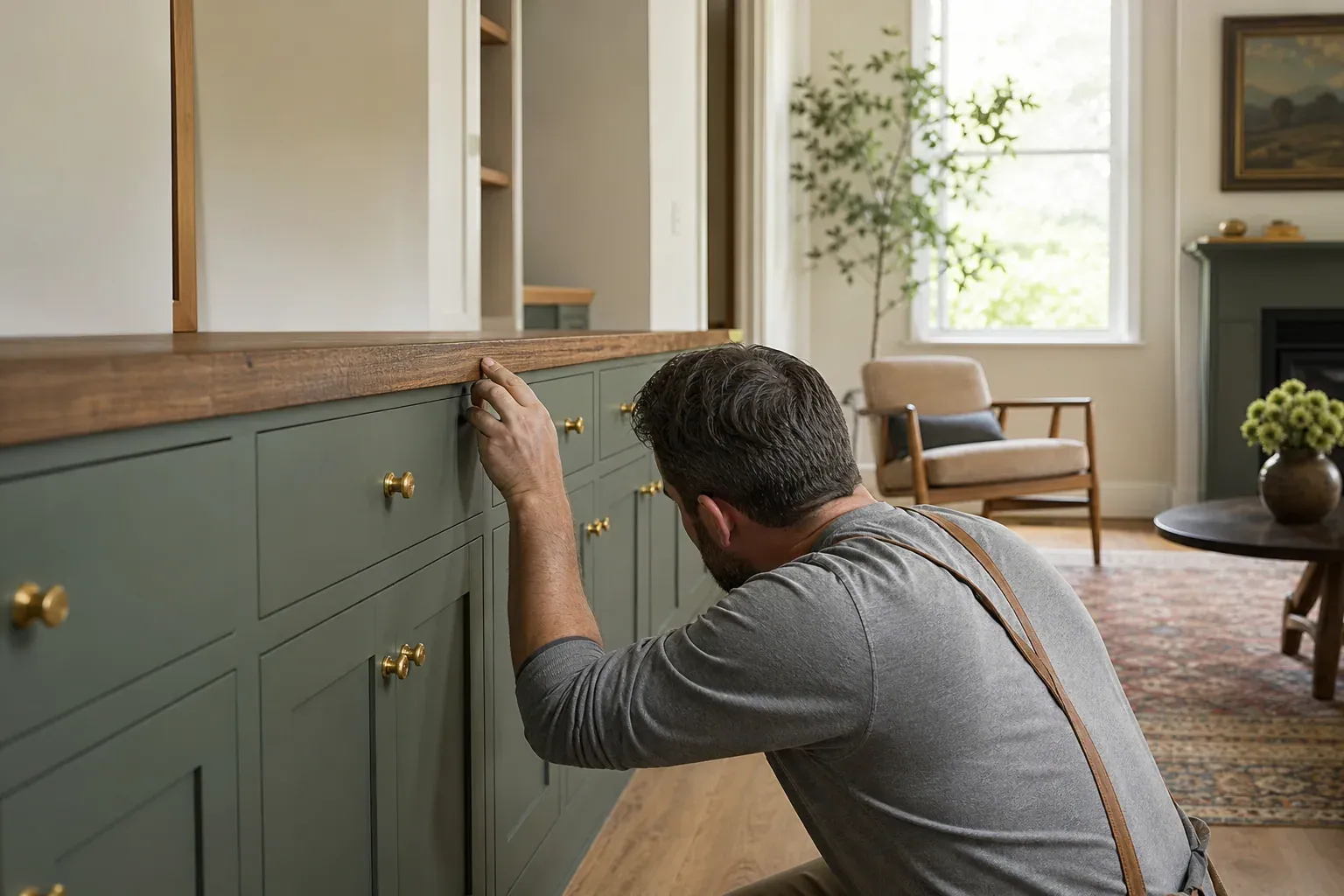 Custom cabinets in Hidden Spring Id — a craftsperson sighting along the finished work to check it is true