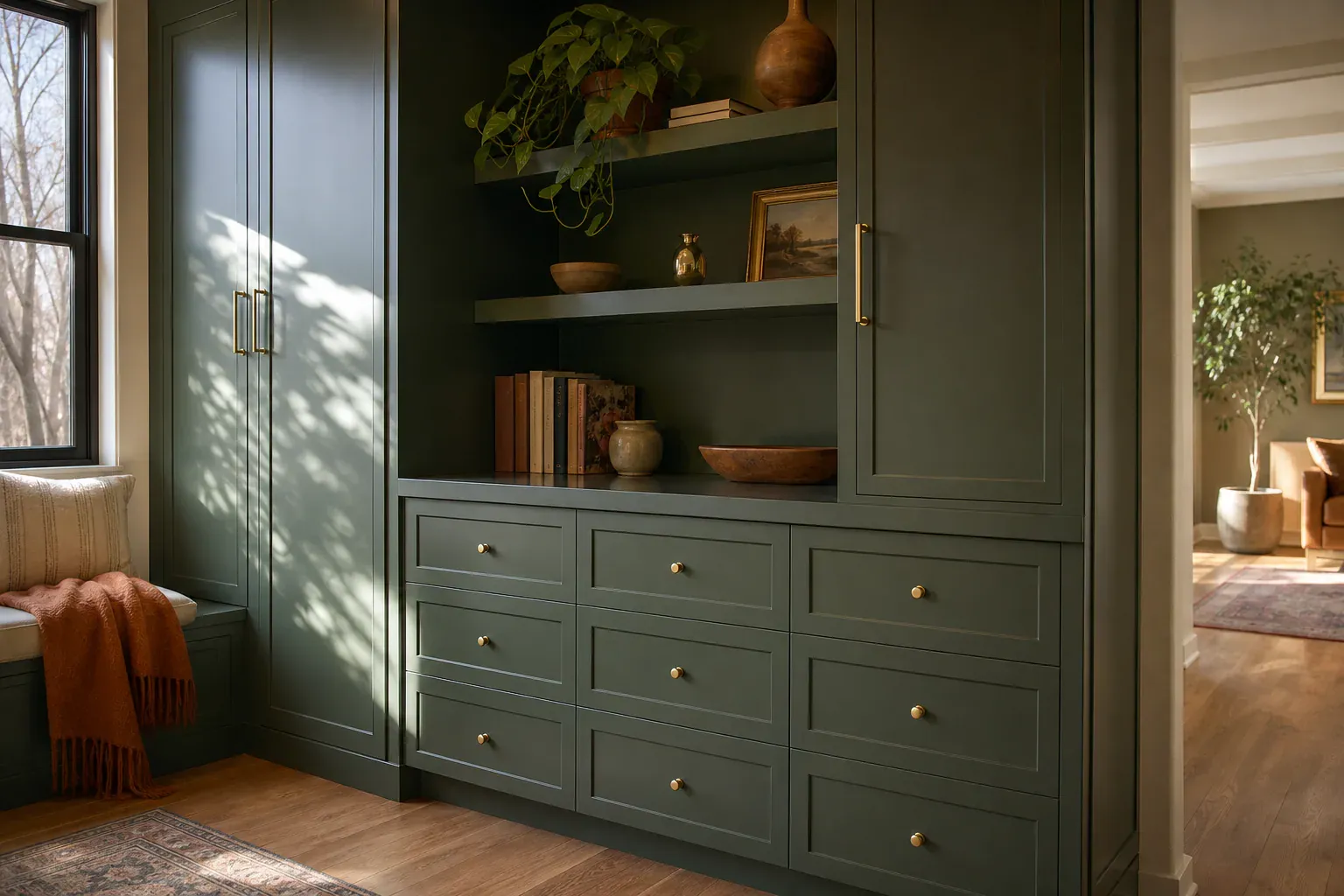 Custom cabinets installation — warm low sun raking across the completed work to show how clean it is