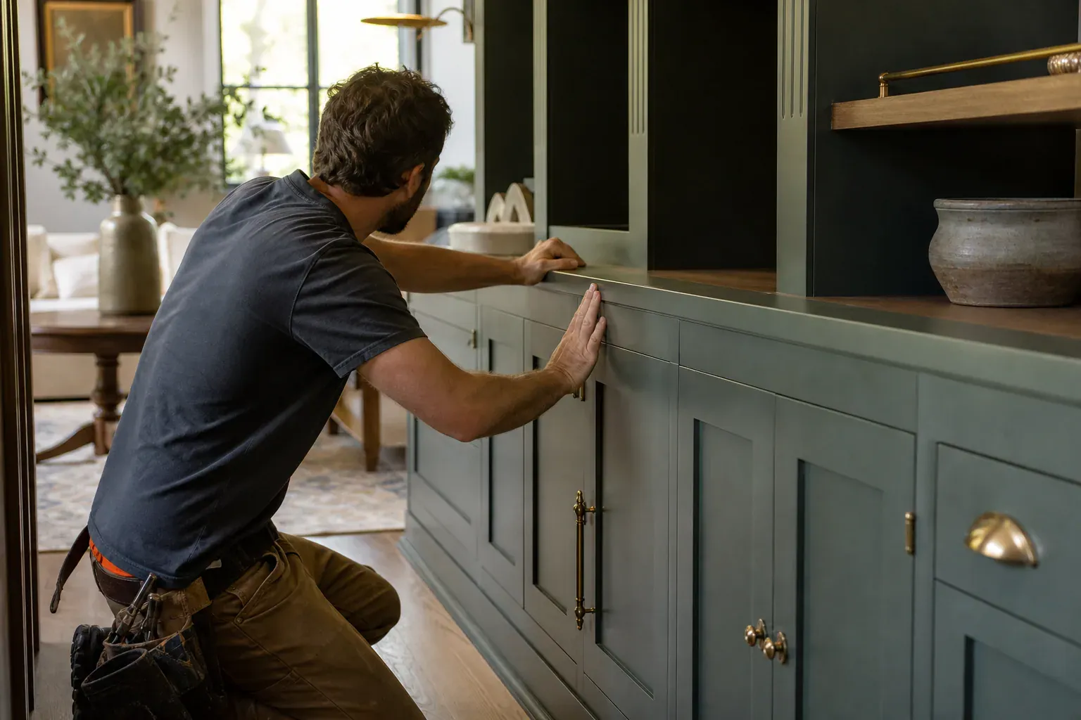 Custom cabinets in Kuna Id — a craftsperson sighting along the finished work to check it is true