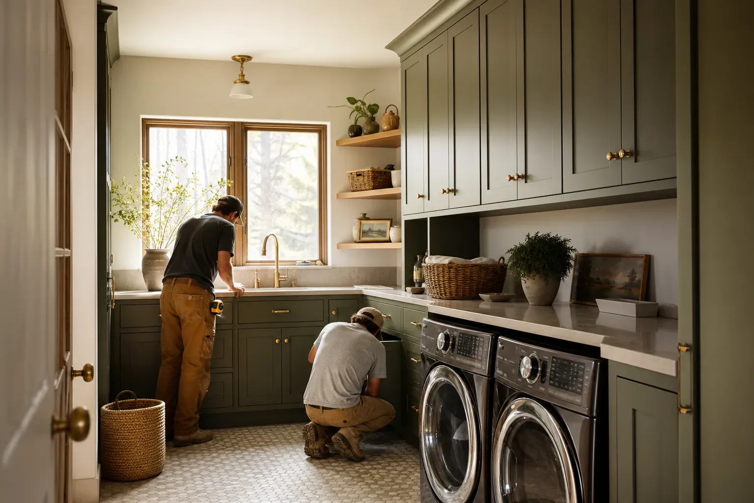 Custom cabinets laundry room — a two-person crew completing the last of the work in a sunlit vaulted room
