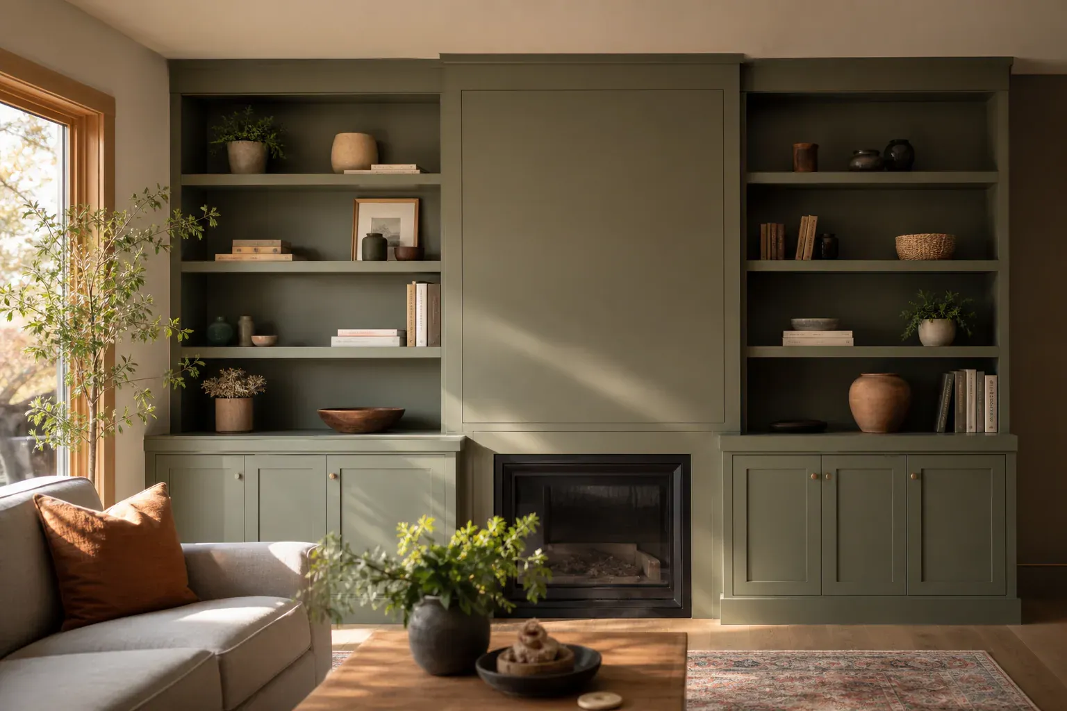 Custom cabinets living room — warm low sun raking across the completed work to show how clean it is