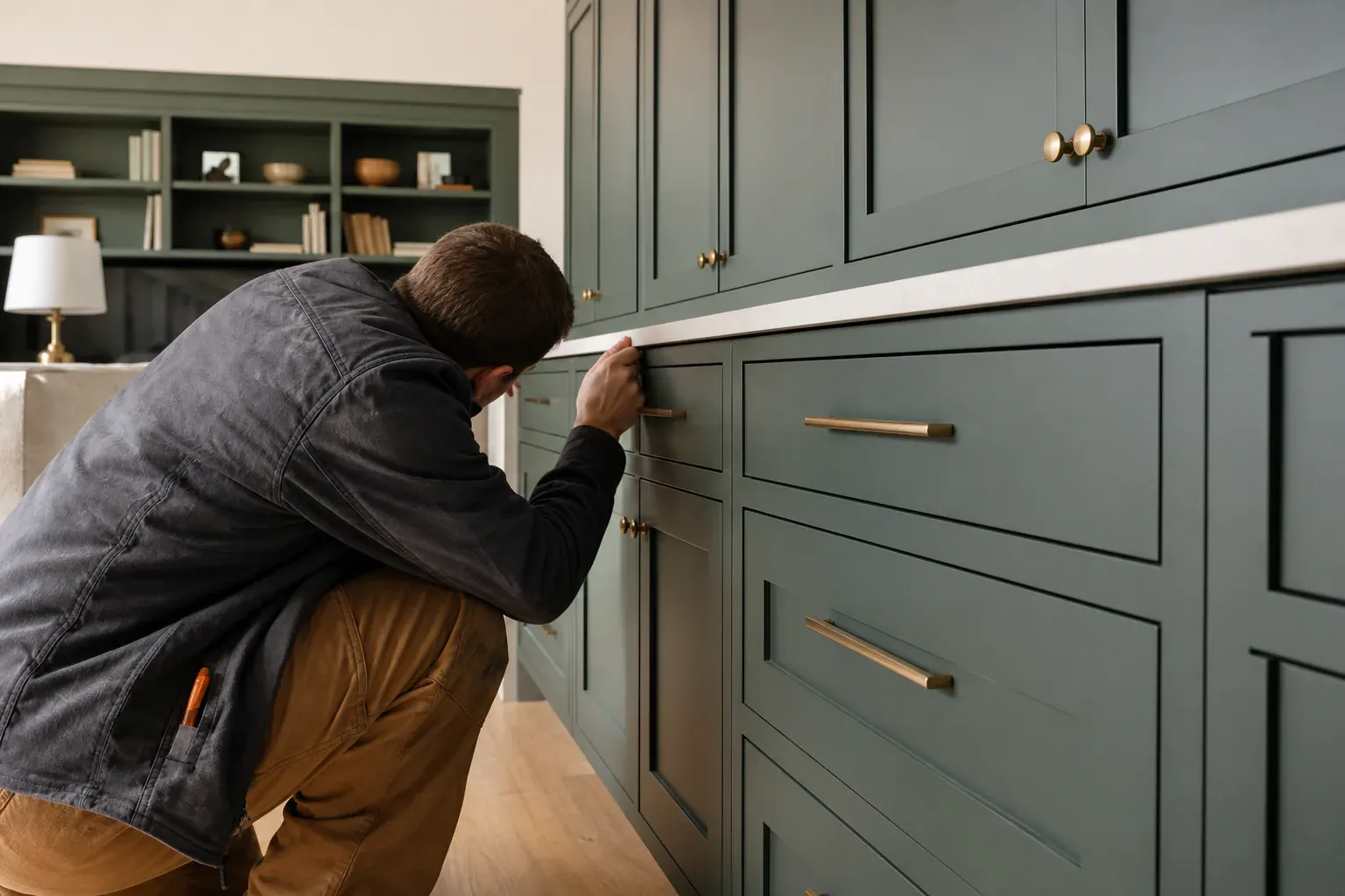 Custom cabinets in Meridian Id — a craftsperson sighting along the finished work to check it is true