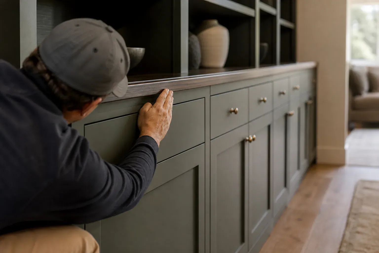 Custom cabinets in Middleton Id — a craftsperson sighting along the finished work to check it is true