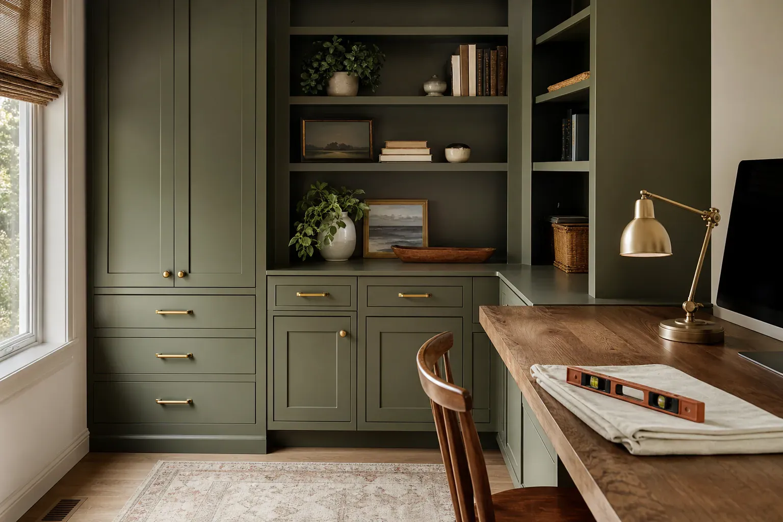Custom cabinets in Nampa Id — warm morning light across expertly completed work in a home office