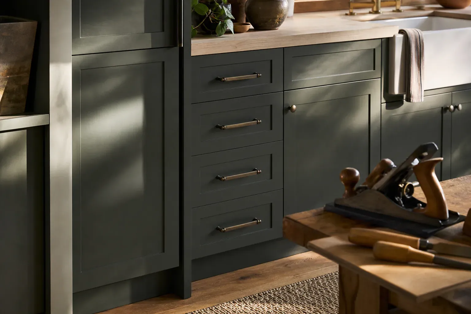 Custom cabinets in Star Id — warm low sun raking across the completed work to show how clean it is