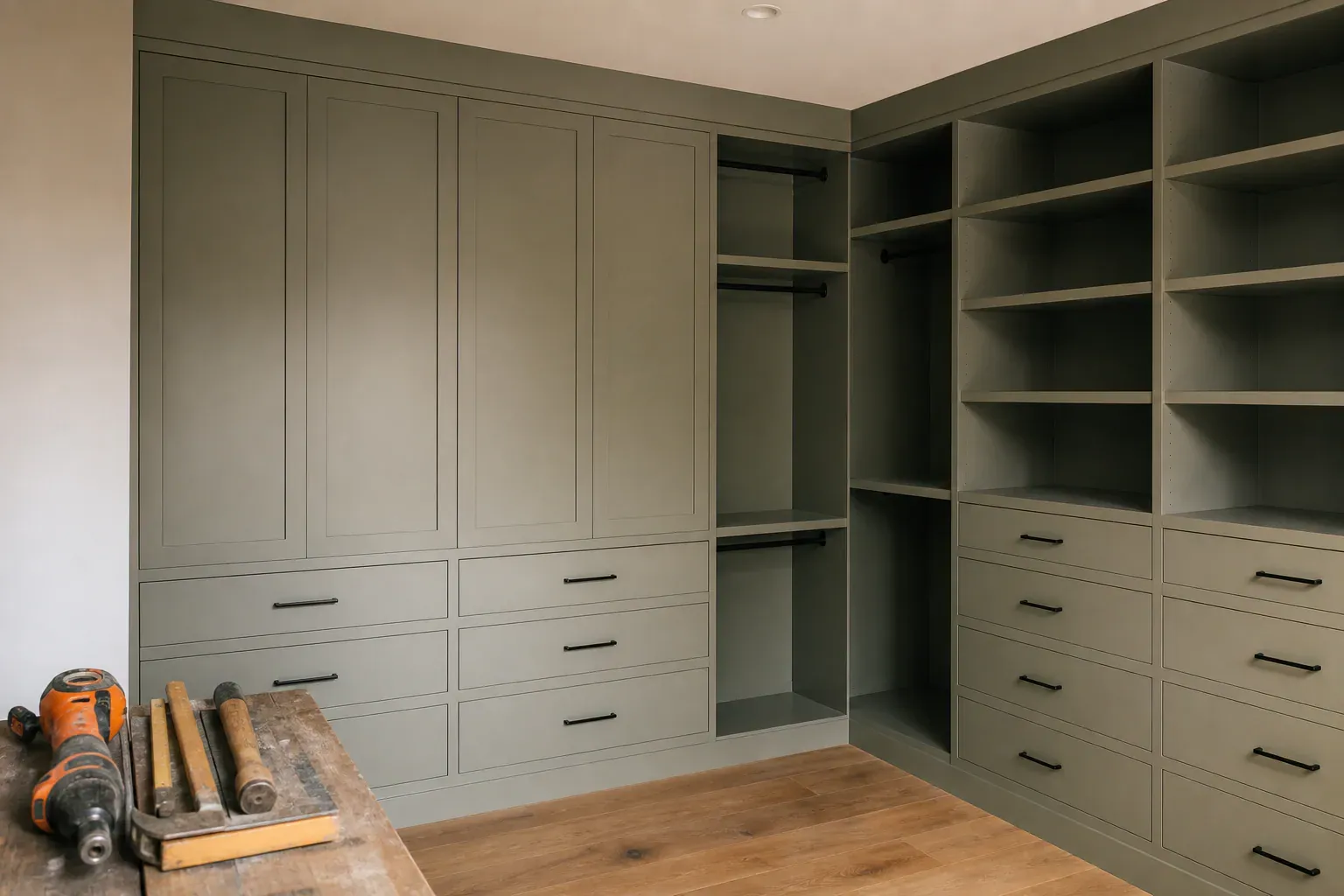Custom closet cabinets — warm low sun raking across the completed work to show how clean it is