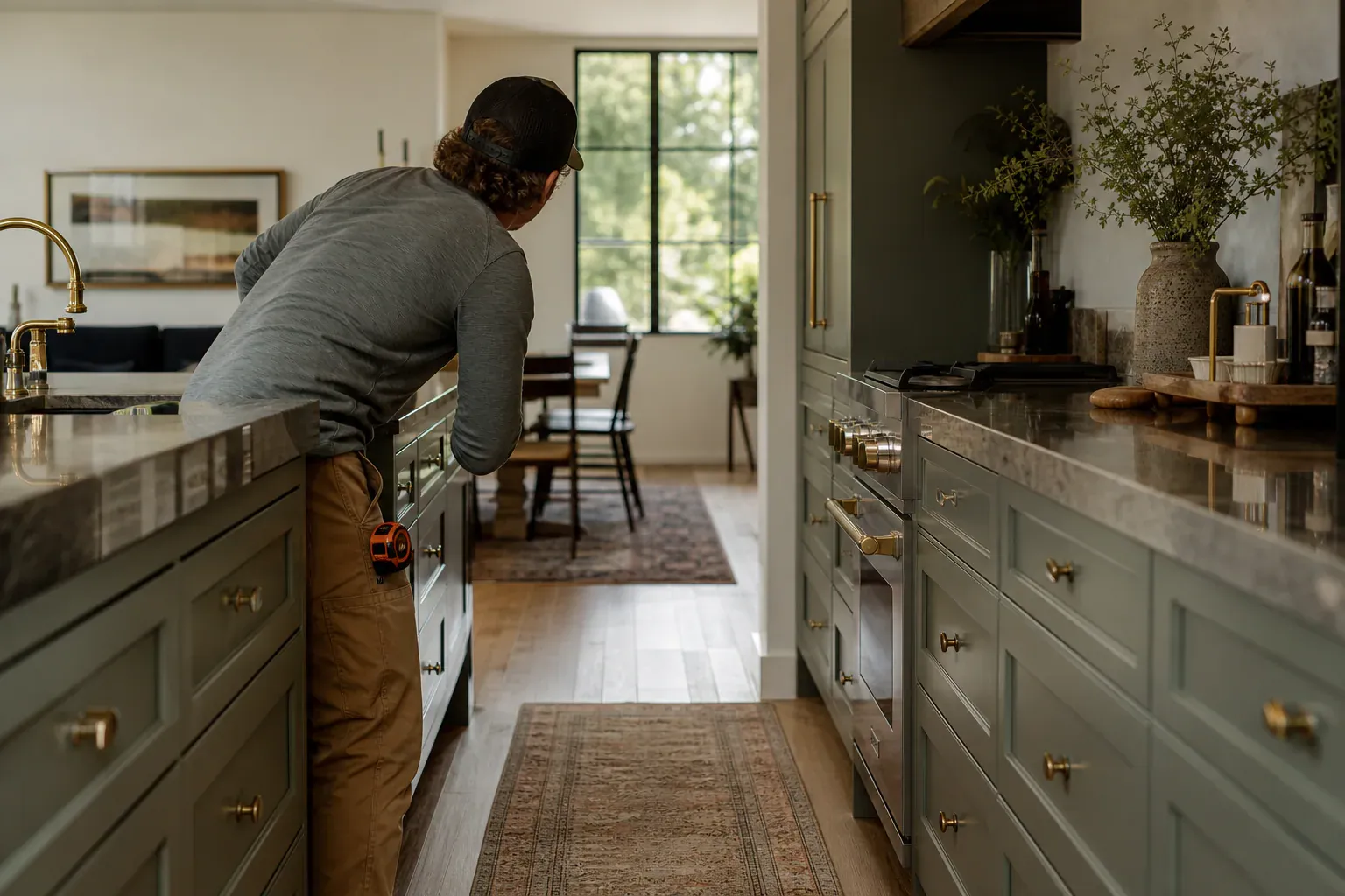 Custom kitchen cabinets — a craftsperson sighting along the finished work to check it is true