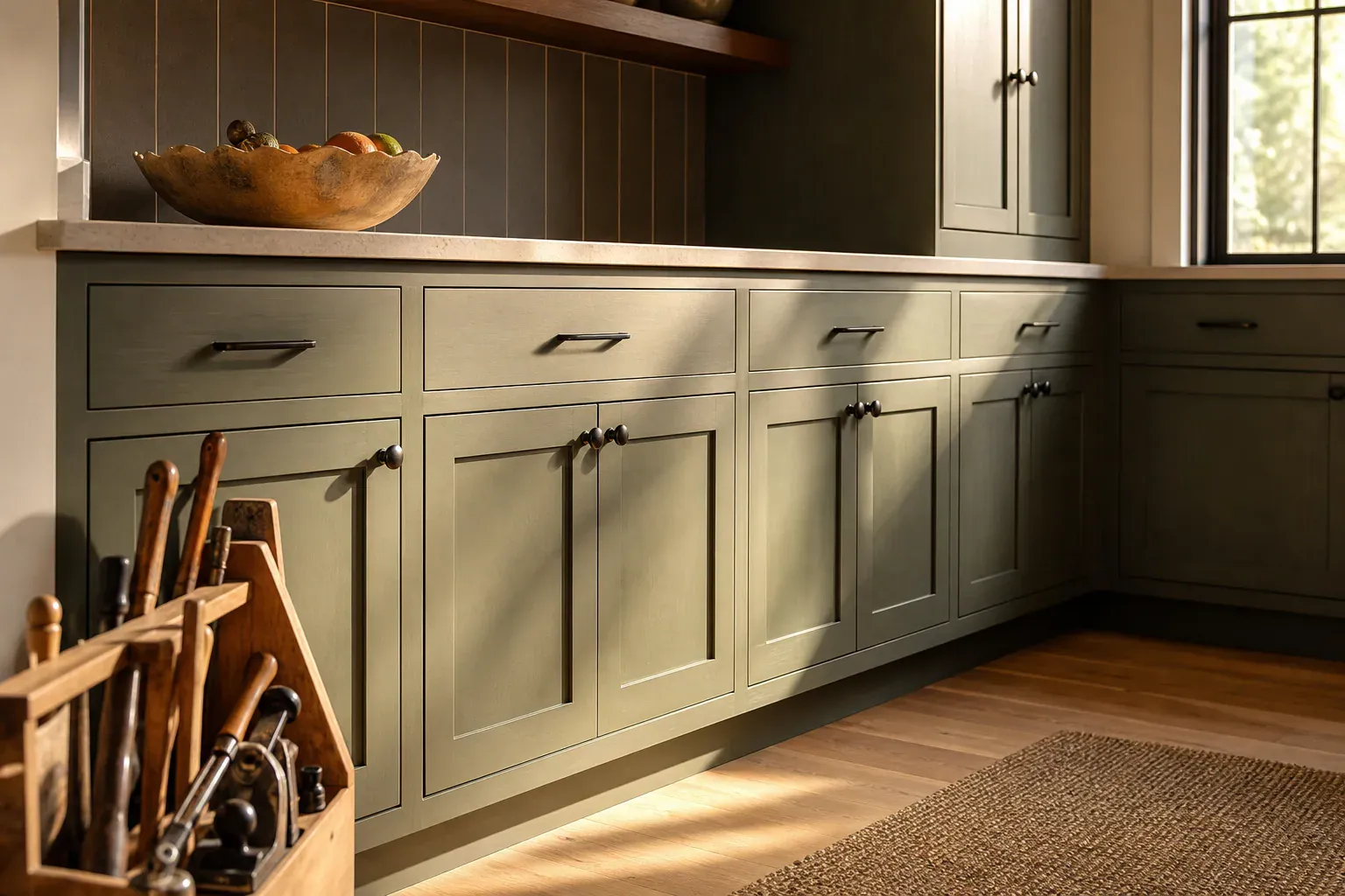 Custom maple cabinets — warm low sun raking across the completed work to show how clean it is