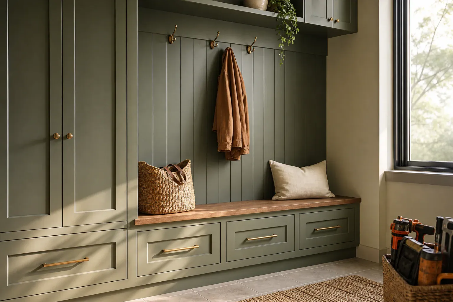 Custom mudroom cabinets — warm low sun raking across the completed work to show how clean it is