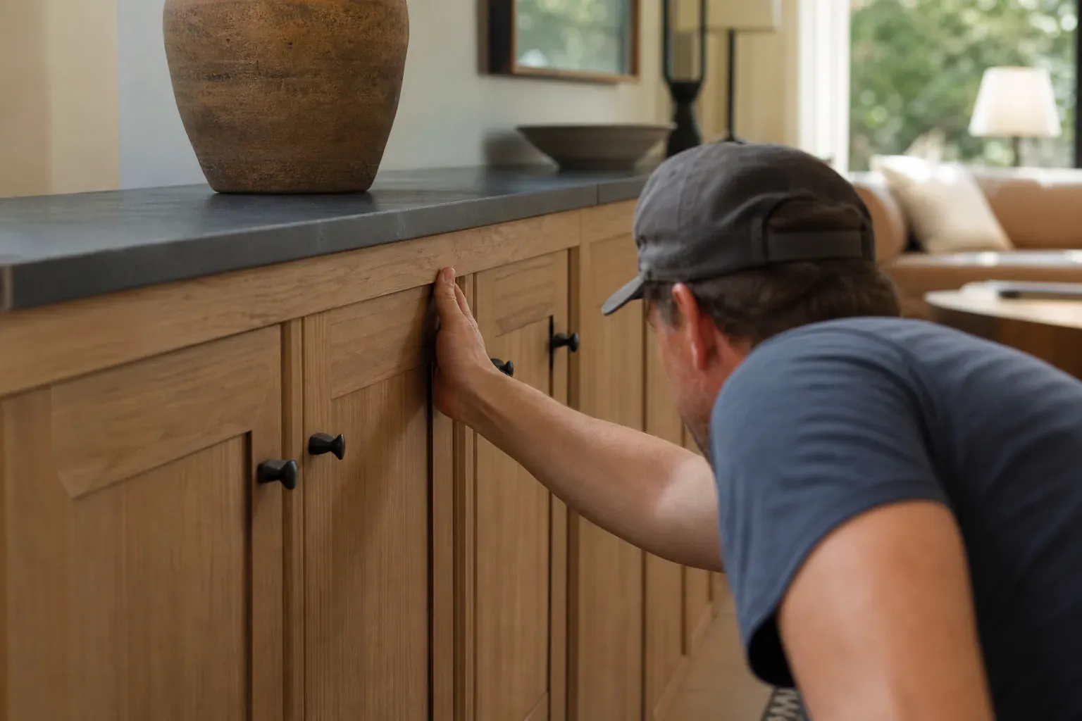 Custom oak cabinets — a craftsperson sighting along the finished work to check it is true