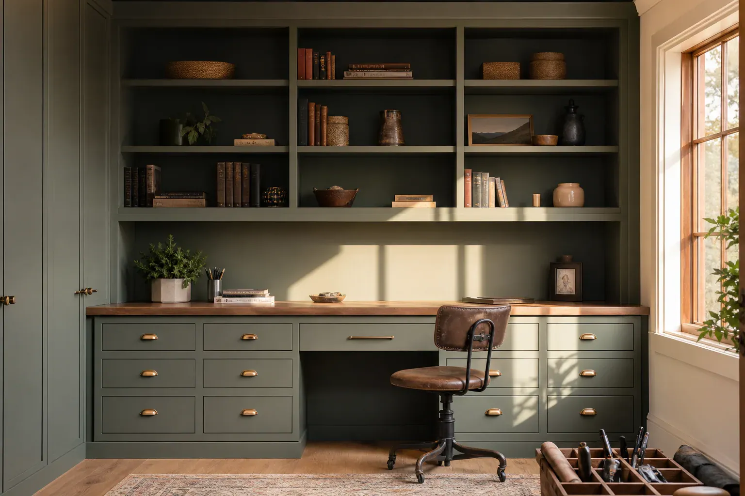 Custom office cabinets — warm low sun raking across the completed work to show how clean it is