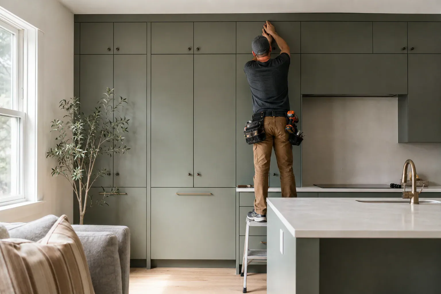 Frameless cabinets — a tradesperson on a low platform completing the highest section of the work