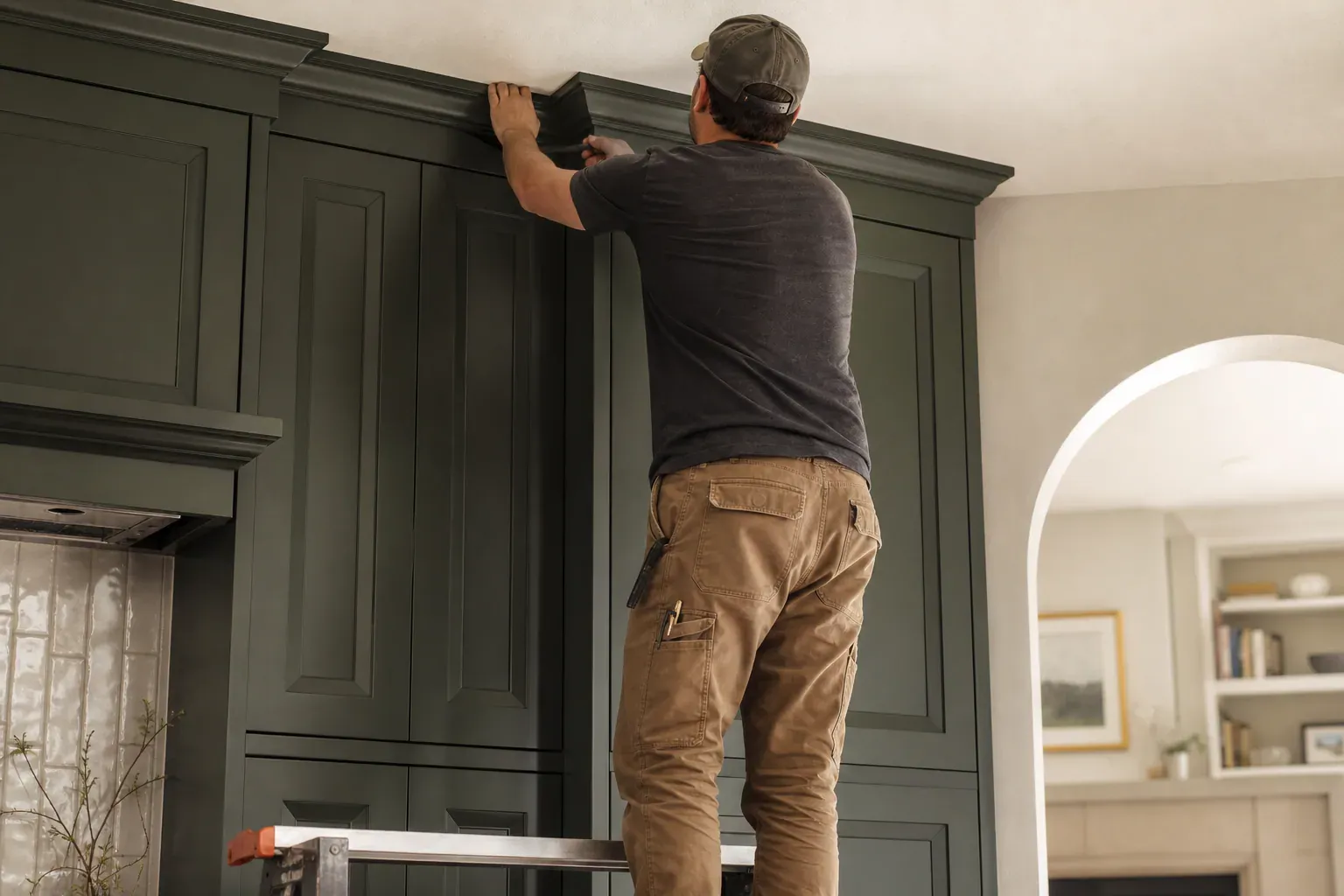 Kitchen cabinets installation cost — a craftsperson working the top of a tall run of finished work